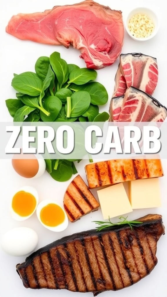 Comprehensive List of Zero Carb Foods An assortment of zero carb foods including meats, fish, eggs, and vegetables on a white background.